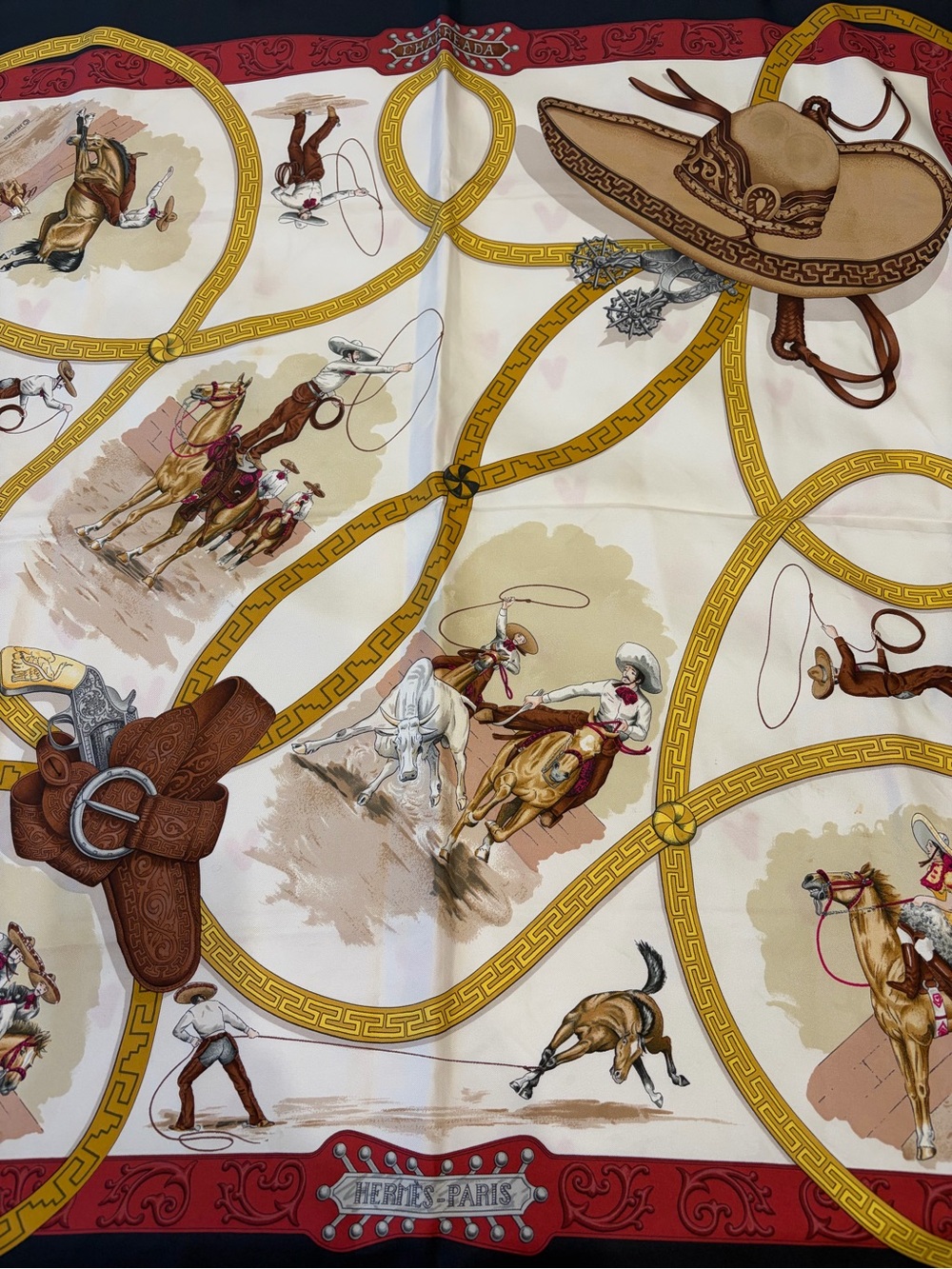 Hermes Equestrian Silk Scarf in Navy, Cream, Red, Gold and Brown - Picture 3 of 4